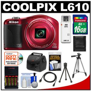 Nikon Coolpix L610 Digital Camera (Red) with 16GB Card + Batteries & Charger + Case + 2 Tripods + HDMI Cable + Accessory Kit - Digital Cameras and Accessories - Hip Lens.com