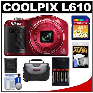 Nikon Coolpix L610 Digital Camera (Red) with 32GB Card + Batteries & Charger + Case + Accessory Kit - Digital Cameras and Accessories - Hip Lens.com