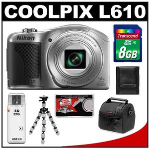 Nikon Coolpix L610 Digital Camera (Silver) with 8GB Card + Case + Flex Tripod + Accessory Kit - Digital Cameras and Accessories - Hip Lens.com