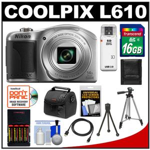 Nikon Coolpix L610 Digital Camera (Silver) with 16GB Card + Batteries & Charger + Case + 2 Tripods + HDMI Cable + Accessory Kit - Digital Cameras and Accessories - Hip Lens.com