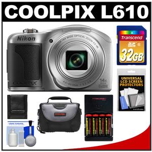 Nikon Coolpix L610 Digital Camera (Silver) with 32GB Card + Batteries & Charger + Case + Accessory Kit - Digital Cameras and Accessories - Hip Lens.com
