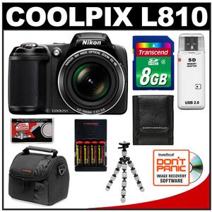 Nikon Coolpix L810 Digital Camera (Black) - Refurbished with 8GB Card + Batteries/Charger + Case + Flex Tripod + Accessory Kit - Digital Cameras and Accessories - Hip Lens.com