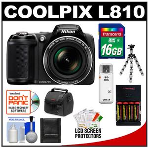 Nikon Coolpix L810 Digital Camera (Black) with 16GB Card + Batteries & Charger + Case + Flex Tripod + Accessory Kit - Digital Cameras and Accessories - Hip Lens.com