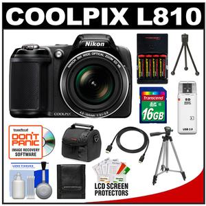 Nikon Coolpix L810 Digital Camera (Black) with 16GB Card + Batteries & Charger + Case + Tripod + HDMI Cable + Accessory Kit - Digital Cameras and Accessories - Hip Lens.com