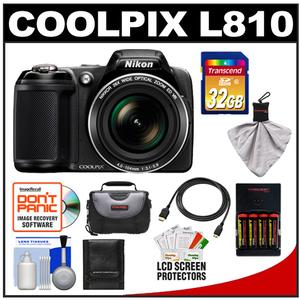Nikon Coolpix L810 Digital Camera (Black) with 32GB Card + Batteries & Charger + Case + HDMI Cable + Accessory Kit - Digital Cameras and Accessories - Hip Lens.com