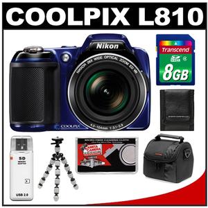 Nikon Coolpix L810 Digital Camera (Blue) with 8GB Card + Case + Flex Tripod + Accessory Kit - Digital Cameras and Accessories - Hip Lens.com