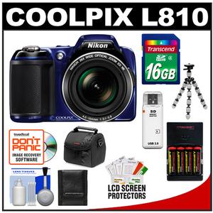 Nikon Coolpix L810 Digital Camera (Blue) with 16GB Card + Batteries & Charger + Case + Flex Tripod + Accessory Kit - Digital Cameras and Accessories - Hip Lens.com