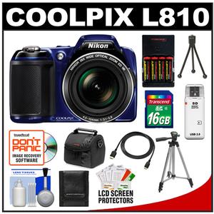 Nikon Coolpix L810 Digital Camera (Blue) with 16GB Card + Batteries & Charger + Case + Tripod + HDMI Cable + Accessory Kit - Digital Cameras and Accessories - Hip Lens.com