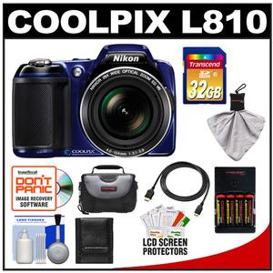 Nikon Coolpix L810 Digital Camera (Blue) with 32GB Card + Batteries & Charger + Case + HDMI Cable + Accessory Kit - Digital Cameras and Accessories - Hip Lens.com