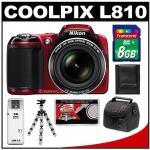 Nikon Coolpix L810 Digital Camera (Red) with 8GB Card + Case + Flex Tripod + Accessory Kit - Digital Cameras and Accessories - Hip Lens.com