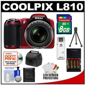 Nikon Coolpix L810 Digital Camera (Red) with 8GB Card + Batteries & Charger + Case + Accessory Kit - Digital Cameras and Accessories - Hip Lens.com