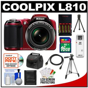 Nikon Coolpix L810 Digital Camera (Red) with 16GB Card + Batteries & Charger + Case + Tripod + HDMI Cable + Accessory Kit - Digital Cameras and Accessories - Hip Lens.com