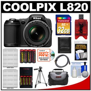 Nikon Coolpix L820 Digital Camera (Black) with 32GB Card + 8 Batteries &amp; Charger + Case + Tripod + HDMI Cable + Accessory Kit