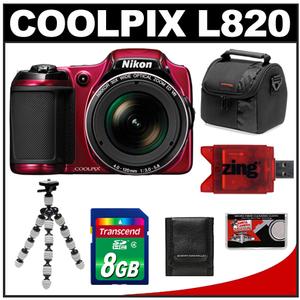 Nikon Coolpix L820 Digital Camera (Red) with 8GB Card + Case + Flex Tripod + Accessory Kit