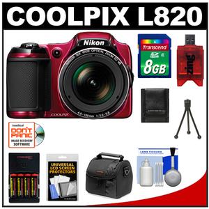 Nikon Coolpix L820 Digital Camera (Red) with 8GB Card + Batteries &amp; Charger + Case + Accessory Kit