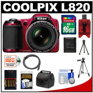 Nikon Coolpix L820 Digital Camera (Red) with 16GB Card + Batteries &amp; Charger + Case + Tripods + HDMI Cable + Accessory Kit