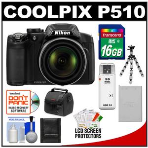 Nikon Coolpix P510 GPS Digital Camera (Black) with 16GB Card + Battery + Case + Flex Tripod + Accessory Kit - Digital Cameras and Accessories - Hip Lens.com