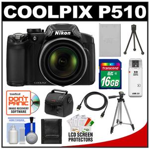 Nikon Coolpix P510 GPS Digital Camera (Black) with 16GB Card + Battery + Case + Tripod + HDMI Cable + Accessory Kit - Digital Cameras and Accessories - Hip Lens.com