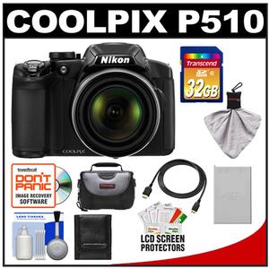 Nikon Coolpix P510 GPS Digital Camera (Black) with 32GB Card + Battery + Case + HDMI Cable + Accessory Kit - Digital Cameras and Accessories - Hip Lens.com