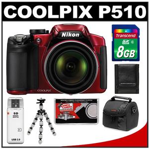 Nikon Coolpix P510 GPS Digital Camera (Red) with 8GB Card + Case + Flex Tripod + Accessory Kit - Digital Cameras and Accessories - Hip Lens.com