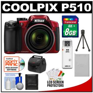 Nikon Coolpix P510 GPS Digital Camera (Red) with 8GB Card + Battery + Case + Accessory Kit - Digital Cameras and Accessories - Hip Lens.com