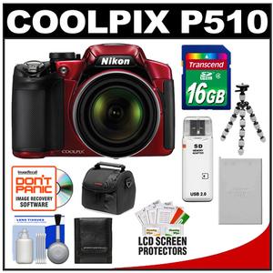 Nikon Coolpix P510 GPS Digital Camera (Red) with 16GB Card + Battery + Case + Flex Tripod + Accessory Kit - Digital Cameras and Accessories - Hip Lens.com
