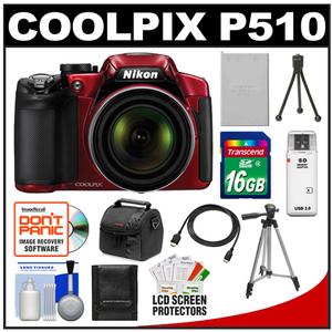 Nikon Coolpix P510 GPS Digital Camera (Red) with 16GB Card + Battery + Case + Tripod + HDMI Cable + Accessory Kit - Digital Cameras and Accessories - Hip Lens.com