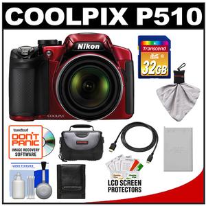 Nikon Coolpix P510 GPS Digital Camera (Red) with 32GB Card + Battery + Case + HDMI Cable + Accessory Kit - Digital Cameras and Accessories - Hip Lens.com