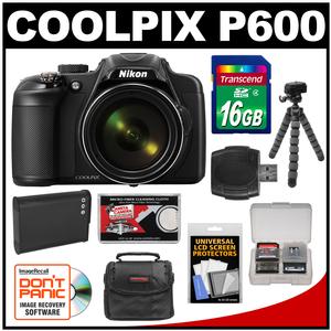 Nikon Coolpix P600 Wi-Fi Digital Camera (Black) - Factory Refurbished with 16GB Card + Battery + Case + Flex Tripod + Kit