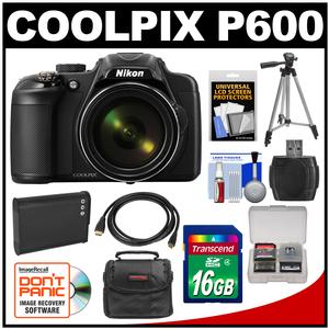 Nikon Coolpix P600 Wi-Fi Digital Camera (Black) - Factory Refurbished with 16GB Card + Battery + Case + Tripod + HDMI Cable + Kit