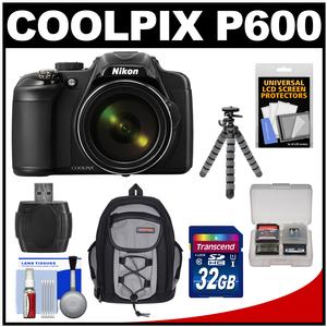 Nikon Coolpix P600 Wi-Fi Digital Camera (Black) with 32GB Card + Backpack Case + Flex Tripod + Accessory Kit