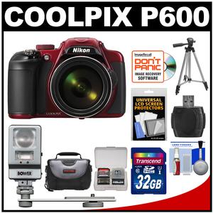 Nikon Coolpix P600 Wi-Fi Digital Camera (Red) with 32GB Card + Case + Tripod + Flash/LED Light + Kit