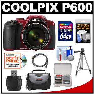 Nikon Coolpix P600 Wi-Fi Digital Camera (Red) with 64GB Card + Case + Tripod + HDMI Cable + Accessory Kit