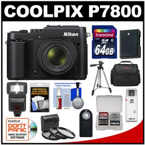 Nikon Coolpix P7800 Digital Camera (Black) with 64GB Card + Case + Flash + Battery + Tripod + 3 Filters + Remote + Accessory Kit