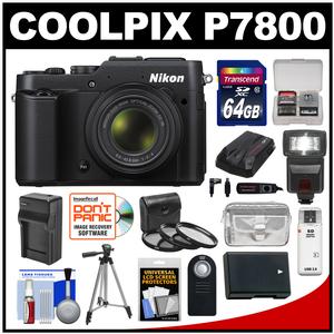 Nikon Coolpix P7800 Digital Camera (Black) with 64GB Card + Case + Flash + Battery & Charger + Tripod + GPS Adapter + Accessory Kit