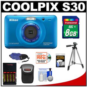 Nikon Coolpix S30 Shock & Waterproof Digital Camera (Blue) with 8GB Card + Case + Batteries & Charger + Tripod + Float Strap + Accessory Kit - Digital Cameras and Accessories - Hip Lens.com