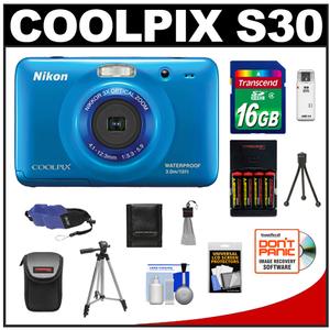 Nikon Coolpix S30 Shock & Waterproof Digital Camera (Blue) with 16GB Card + Case + Batteries & Charger + 2 Tripods + Float Strap + Accessory Kit - Digital Cameras and Accessories - Hip Lens.com