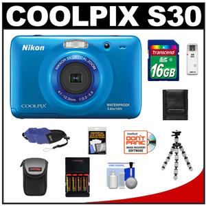 Nikon Coolpix S30 Shock & Waterproof Digital Camera (Blue) with 16GB Card + Case + Batteries & Charger + Tripod + Float Strap + Accessory Kit - Digital Cameras and Accessories - Hip Lens.com