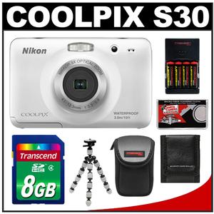 Nikon Coolpix S30 Shock & Waterproof Digital Camera (White) - Refurbished with 8GB Card + Case + Batteries & Charger + Tripod + Accessory Kit - Digital Cameras and Accessories - Hip Lens.com