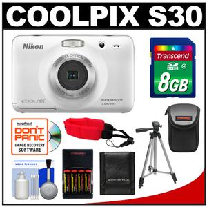 Nikon Coolpix S30 Shock & Waterproof Digital Camera (White) - Refurbished with 8GB Card + Case + Batteries & Charger + Tripod + Accessory Kit