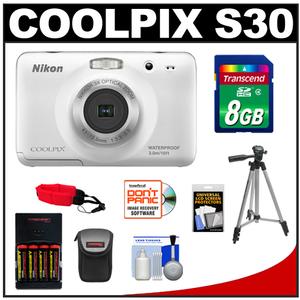 Nikon Coolpix S30 Shock & Waterproof Digital Camera (White) with 8GB Card + Case + Batteries & Charger + Tripod + Float Strap + Accessory Kit - Digital Cameras and Accessories - Hip Lens.com