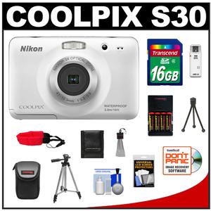 Nikon Coolpix S30 Shock & Waterproof Digital Camera (White) with 16GB Card + Case + Batteries & Charger + 2 Tripods + Float Strap + Accessory Kit - Digital Cameras and Accessories - Hip Lens.com