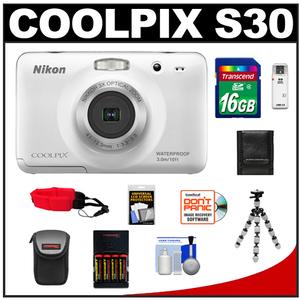 Nikon Coolpix S30 Shock & Waterproof Digital Camera (White) with 16GB Card + Case + Batteries & Charger + Tripod + Float Strap + Accessory Kit - Digital Cameras and Accessories - Hip Lens.com