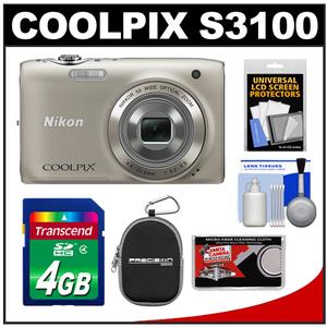 Nikon Coolpix S3100 Digital Camera (Silver) - Refurbished with 4GB Card + Case + Cleaning & Accessory Kit - Digital Cameras and Accessories - Hip Lens.com