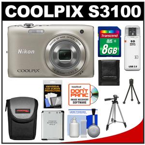 Nikon Coolpix S3100 Digital Camera (Silver) - Refurbished with 8GB Card + Battery + Case + Tripod + Cleaning & Accessory Kit - Digital Cameras and Accessories - Hip Lens.com