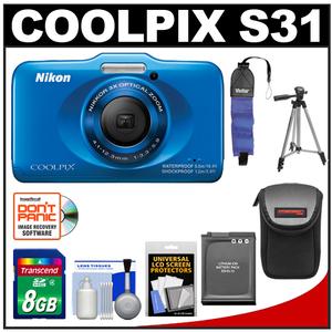 Nikon Coolpix S31 Shock &amp; Waterproof Digital Camera (Blue) with 8GB Card + Battery + Case + Float Strap + Tripod + Accessory Kit