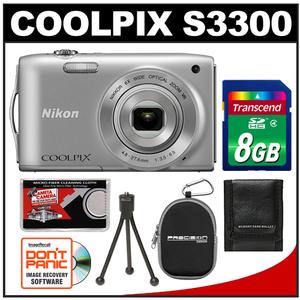 Nikon Coolpix S3300 Digital Camera (Silver) - Refurbished with 8GB Card + Case + Tripod + Accessory Kit - Digital Cameras and Accessories - Hip Lens.com