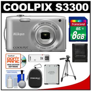 Nikon Coolpix S3300 Digital Camera (Silver) - Refurbished with 8GB Card + Case + Battery + Tripod + Accessory Kit - Digital Cameras and Accessories - Hip Lens.com