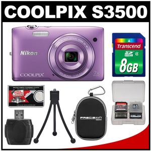 Nikon Coolpix S3500 Digital Camera (Purple) - Factory Refurbished with 8GB Card + Case + Flex Tripod + Accessory Kit