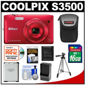 Nikon Coolpix S3500 Digital Camera (Red) with 16GB Card + Battery &amp; Charger + Case + Tripod + Accessory Kit